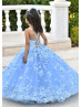 Blue Beaded Lace Tulle Blossom Flower Girl Dress